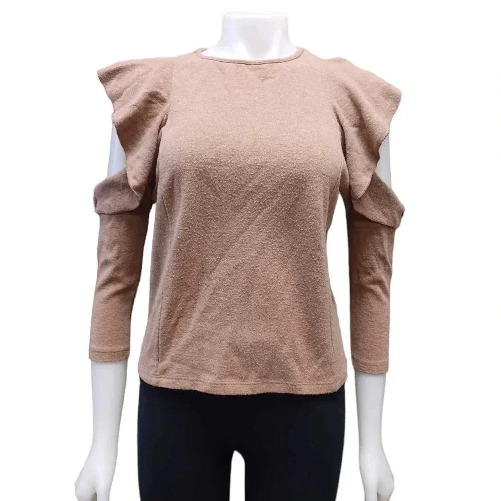 Zara Cold Shoulders Light Brown Long Sleeve Sweater Size Small